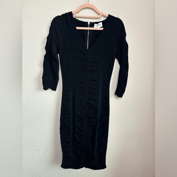 Milly Black Shirred Ribbed V-Neck Bodycon Knee Length Dress S - Picture 5 of 11